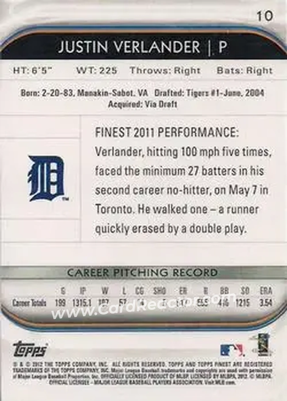 2012 Finest #10 - Justin Verlander - Detroit Tigers - Back