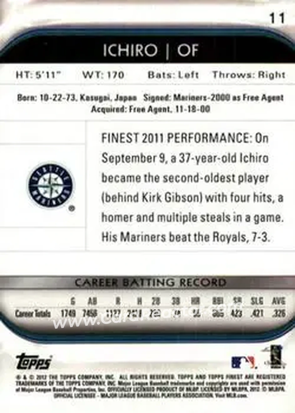 2012 Finest #11 - Ichiro - Seattle Mariners - Back