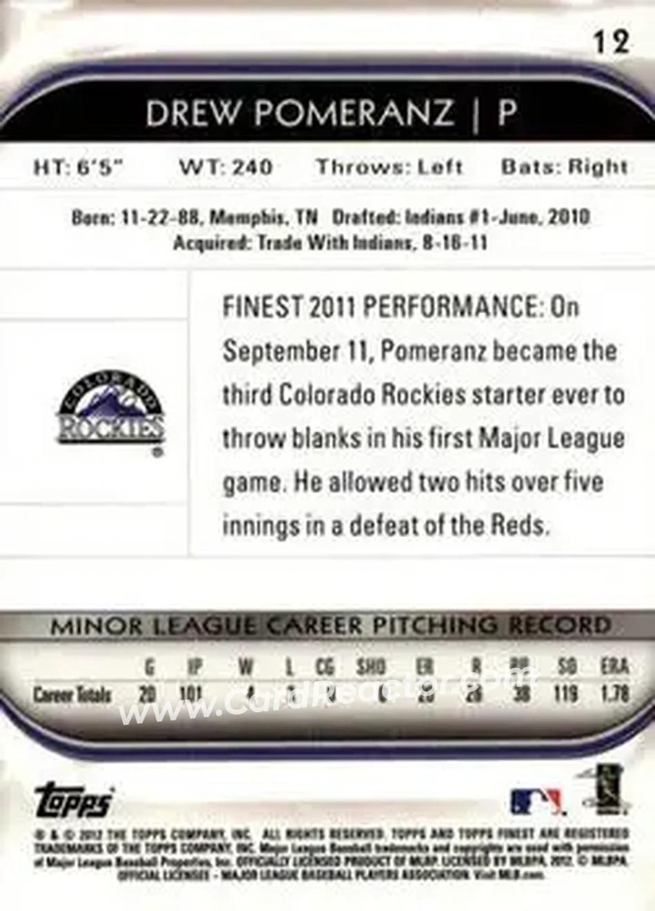 2012 Finest #12 - Drew Pomeranz - Colorado Rockies - Back