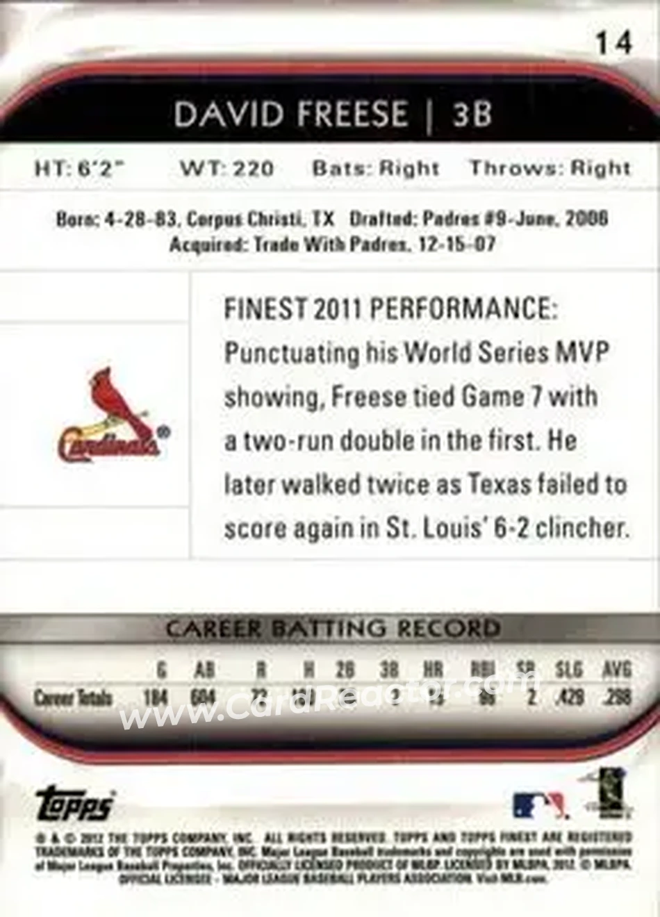 2012 Finest #14 - David Freese - St. Louis Cardinals - Back