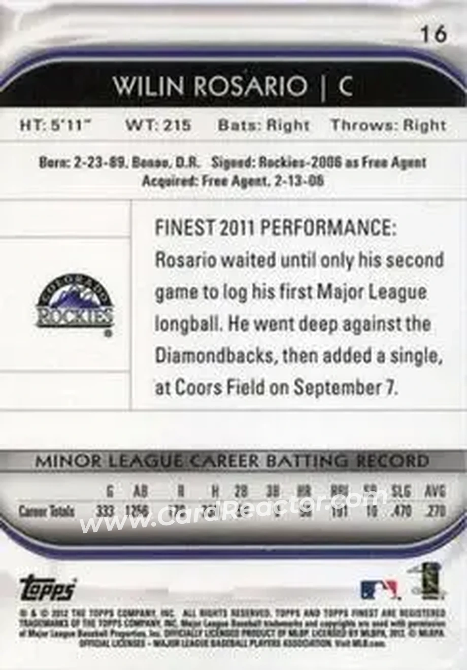 2012 Finest #16 - Wilin Rosario - Colorado Rockies - Back