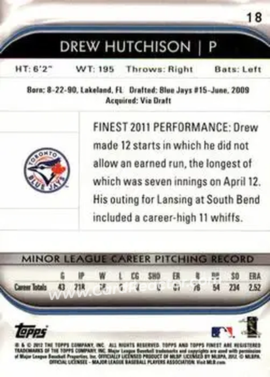 2012 Finest #18 - Drew Hutchison - Toronto Blue Jays - Back 2012 Finest #18 - Drew Hutchison - Toronto Blue Jays - Back
