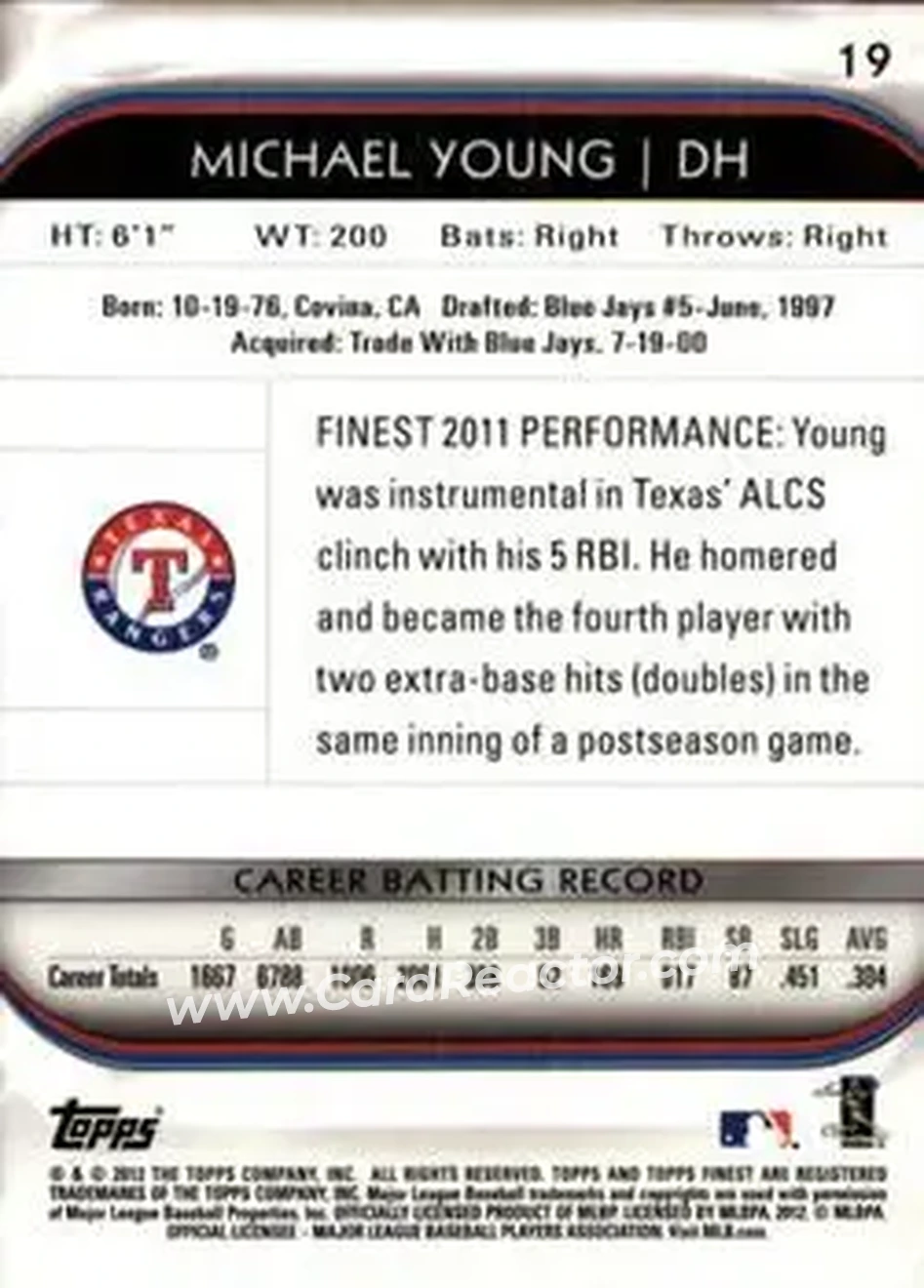 2012 Finest #19 - Michael Young - Texas Rangers - Back