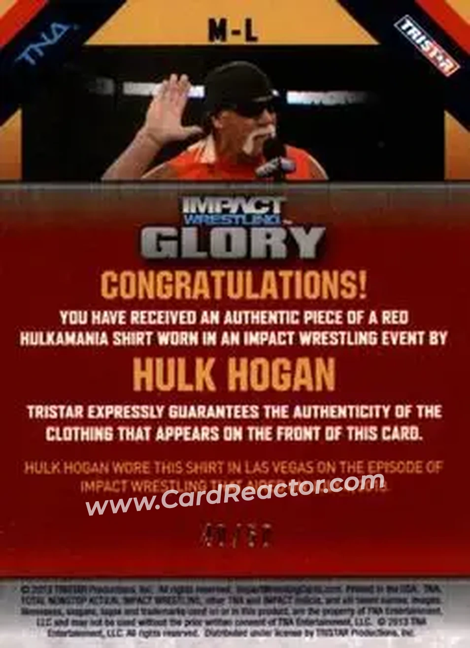 2013 TriStar TNA Impact Glory - Hulk Hogan Memorabilia Gold #M-L - Hulk Hogan - Back