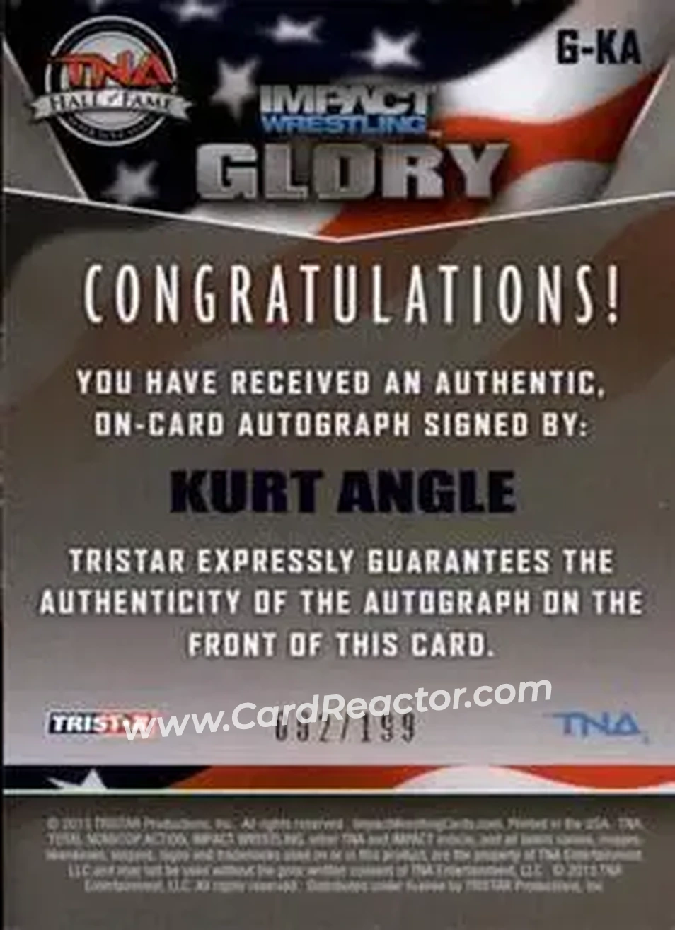 2013 TriStar TNA Impact Glory - On-Card Autographs Gold #G-KA - Kurt Angle - Back