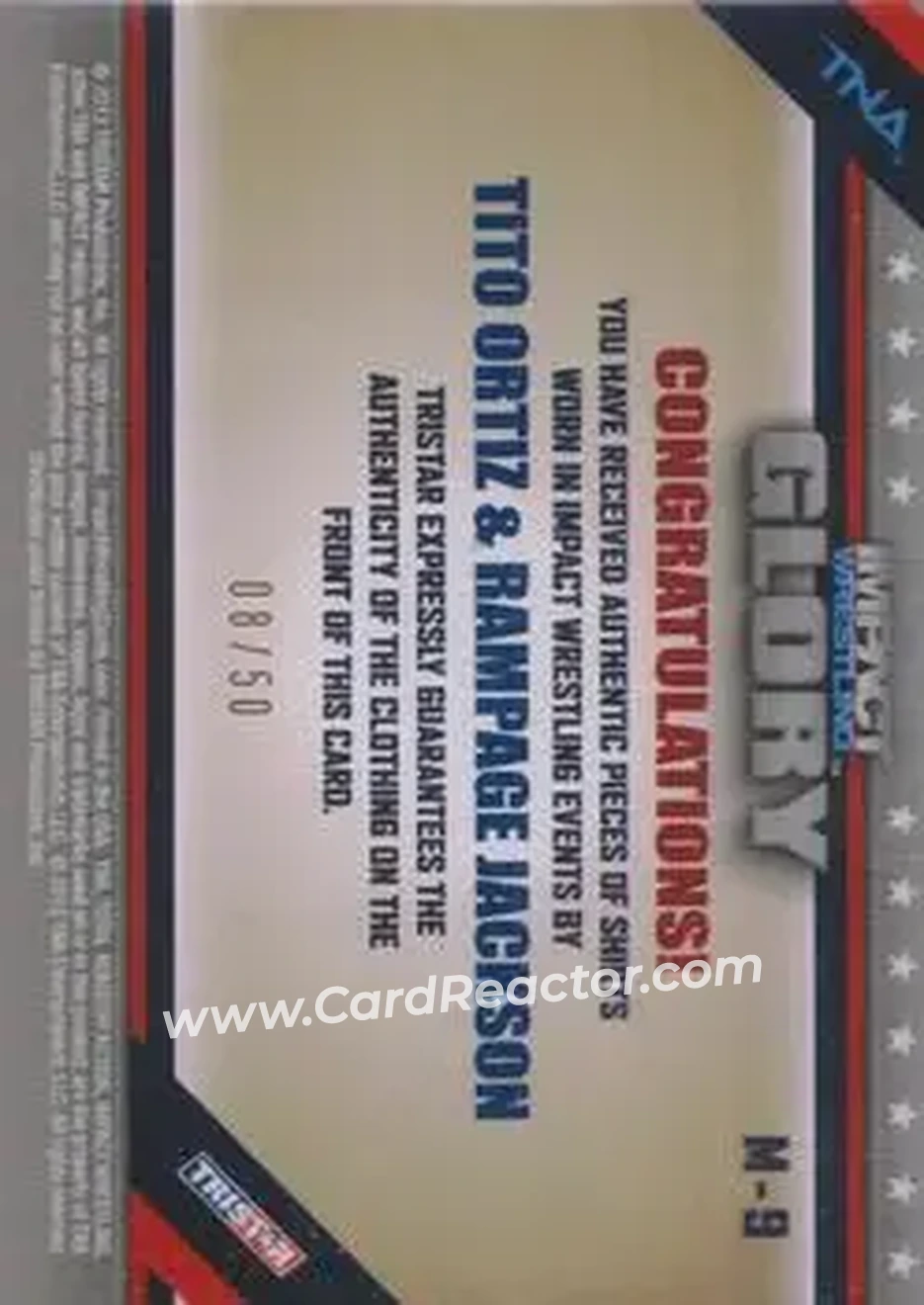 2013 TriStar TNA Impact Glory - Authentic Dual Memorabilia Gold #M-9 - Tito Ortiz - Rampage Jackson MEM, SN99 - Back 2013 TriStar TNA Impact Glory - Authentic Dual Memorabilia Gold #M-9 - Tito Ortiz - Rampage Jackson MEM, SN99 - Back