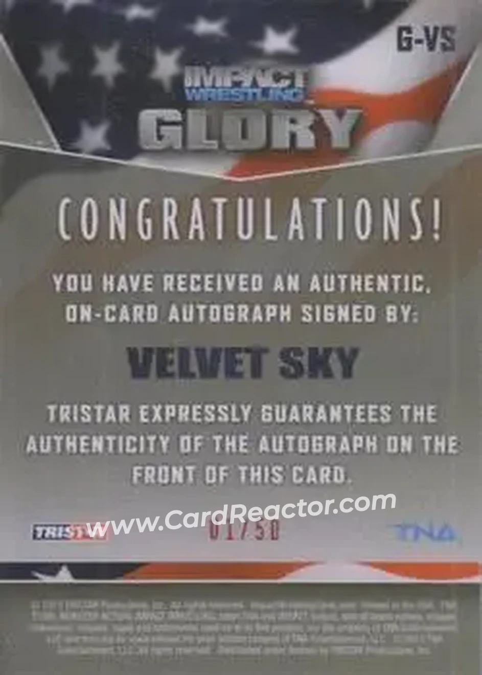 2013 TriStar TNA Impact Glory - On-Card Autographs Red #G-VS - Velvet Sky - Back