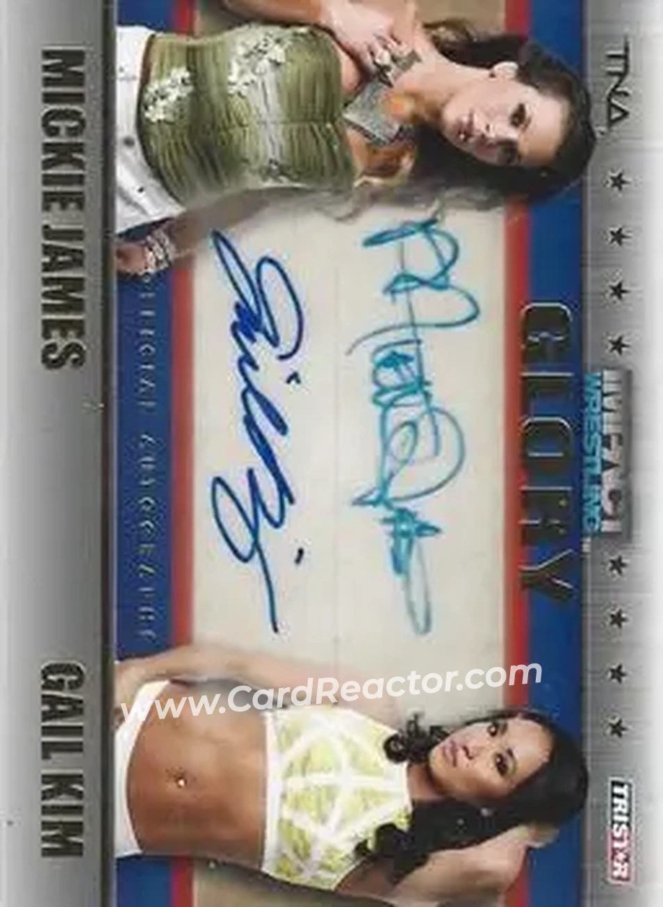 2013 TriStar TNA Impact Glory - Dual Autographs Gold #7 - Mickie James - Gail Kim AU, SN99 - Front 2013 TriStar TNA Impact Glory - Dual Autographs Gold #7 - Mickie James - Gail Kim AU, SN99 - Front