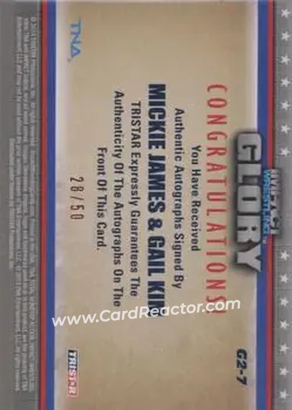 2013 TriStar TNA Impact Glory - Dual Autographs Red #7 - Mickie James - Gail Kim AU, SN50 - Back 2013 TriStar TNA Impact Glory - Dual Autographs Red #7 - Mickie James - Gail Kim AU, SN50 - Back