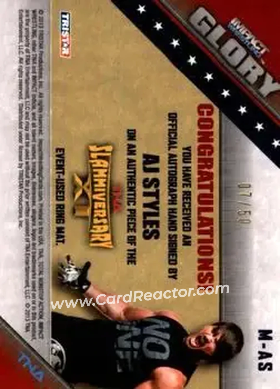2013 TriStar TNA Impact Glory - Mat Relic Autographs Gold #MAS - AJ Styles - Back