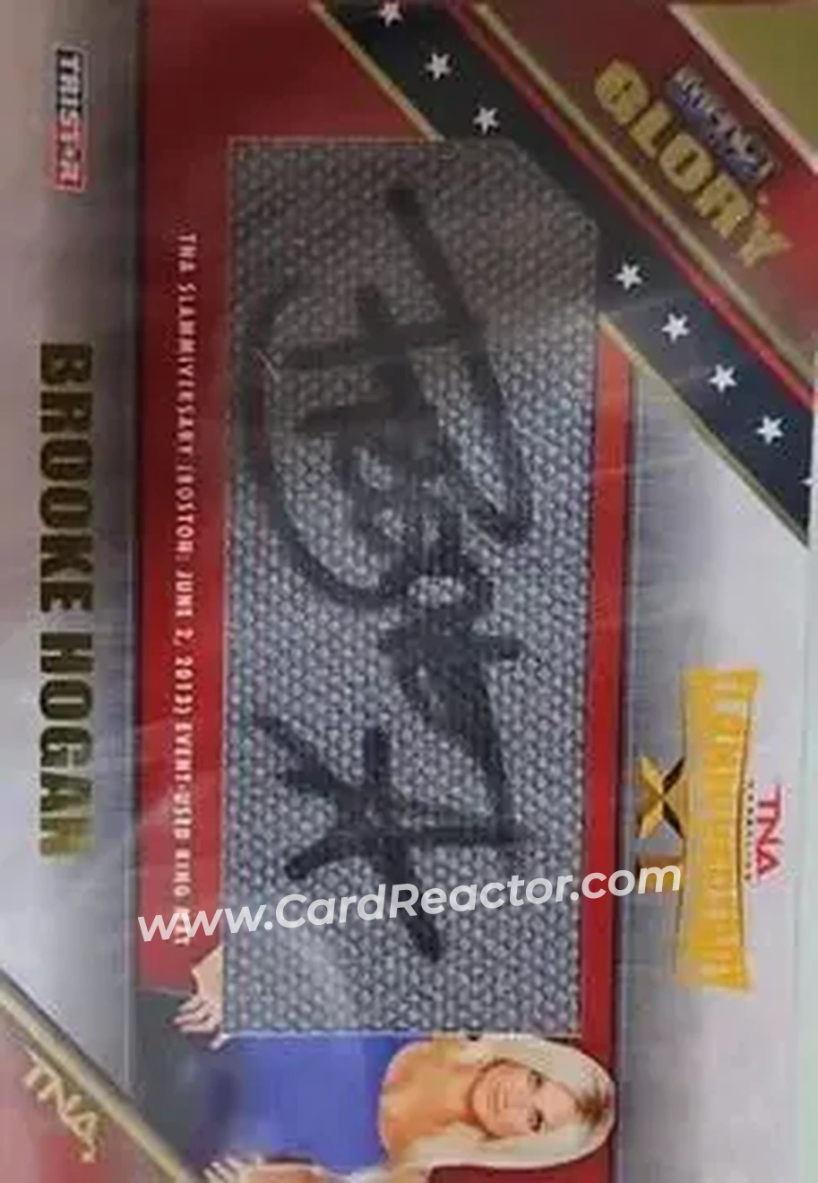 2013 TriStar TNA Impact Glory - Mat Relic Autographs Gold #MBH - Brooke Hogan - Front 2013 TriStar TNA Impact Glory - Mat Relic Autographs Gold #MBH - Brooke Hogan - Front