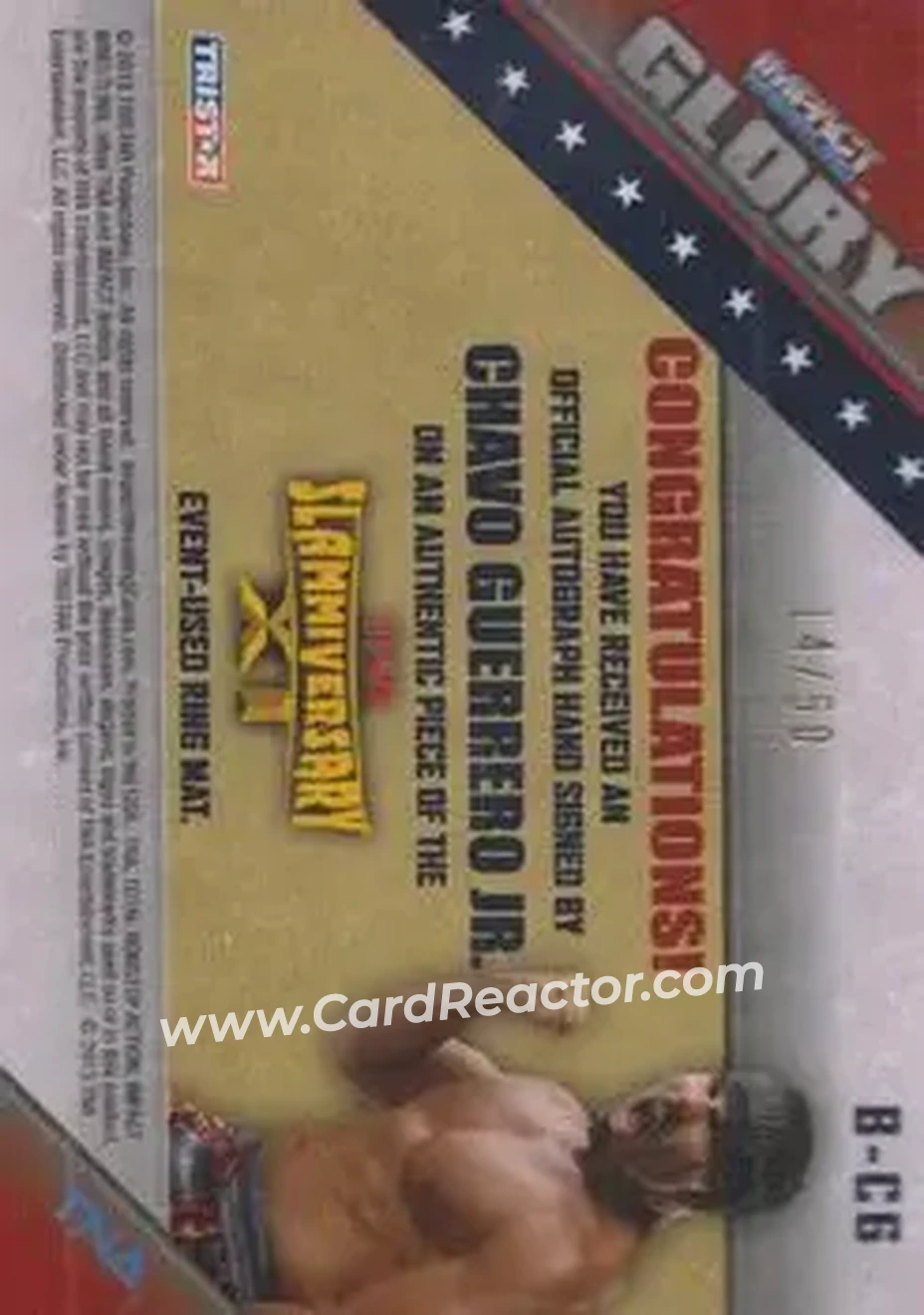 2013 TriStar TNA Impact Glory - Mat Relic Autographs Gold #MCG - Chavo Guerrero Jr. - Back 2013 TriStar TNA Impact Glory - Mat Relic Autographs Gold #MCG - Chavo Guerrero Jr. - Back