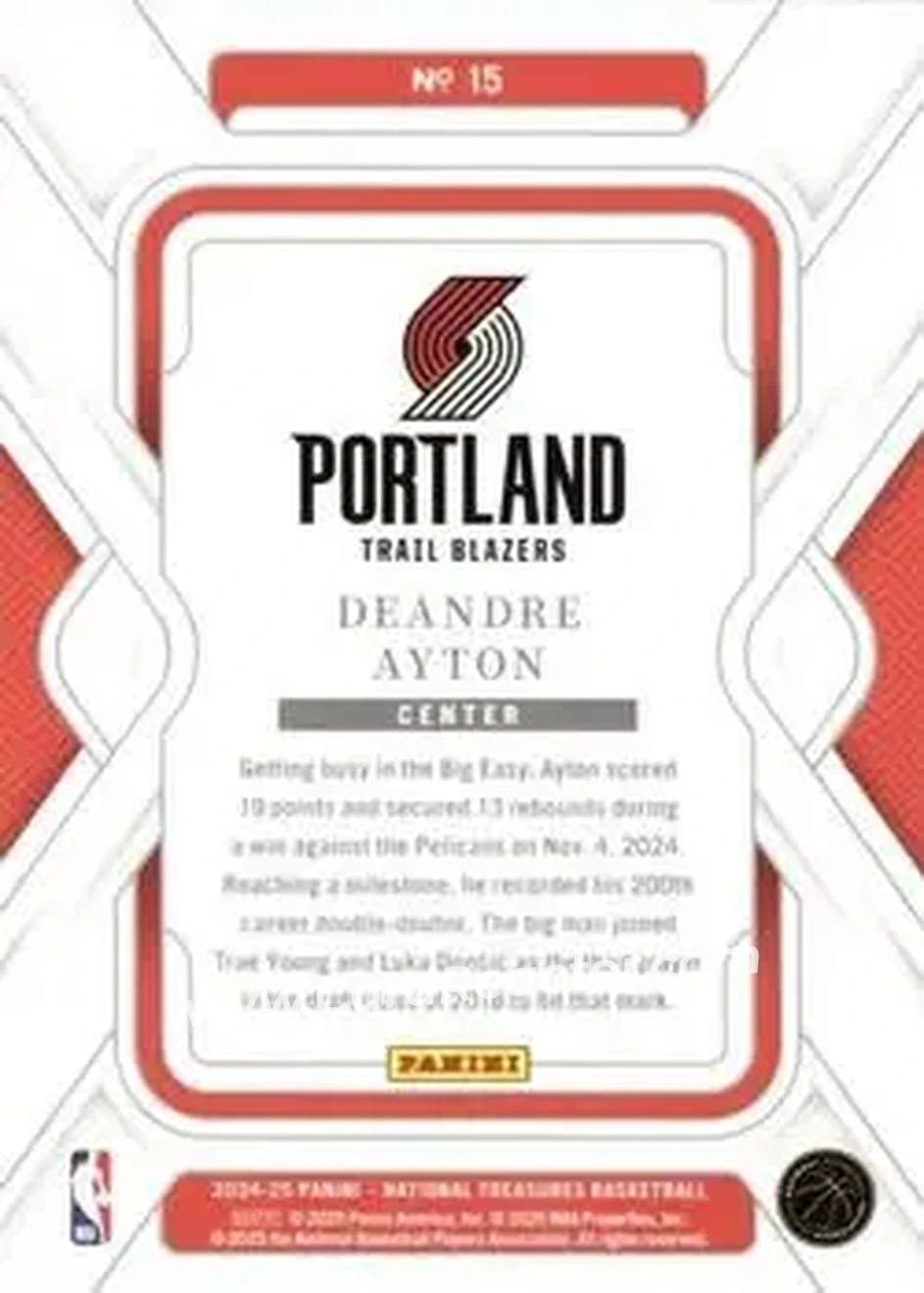 2024-25 Panini National Treasures #15 - Deandre Ayton - Portland Trail Blazers - Back