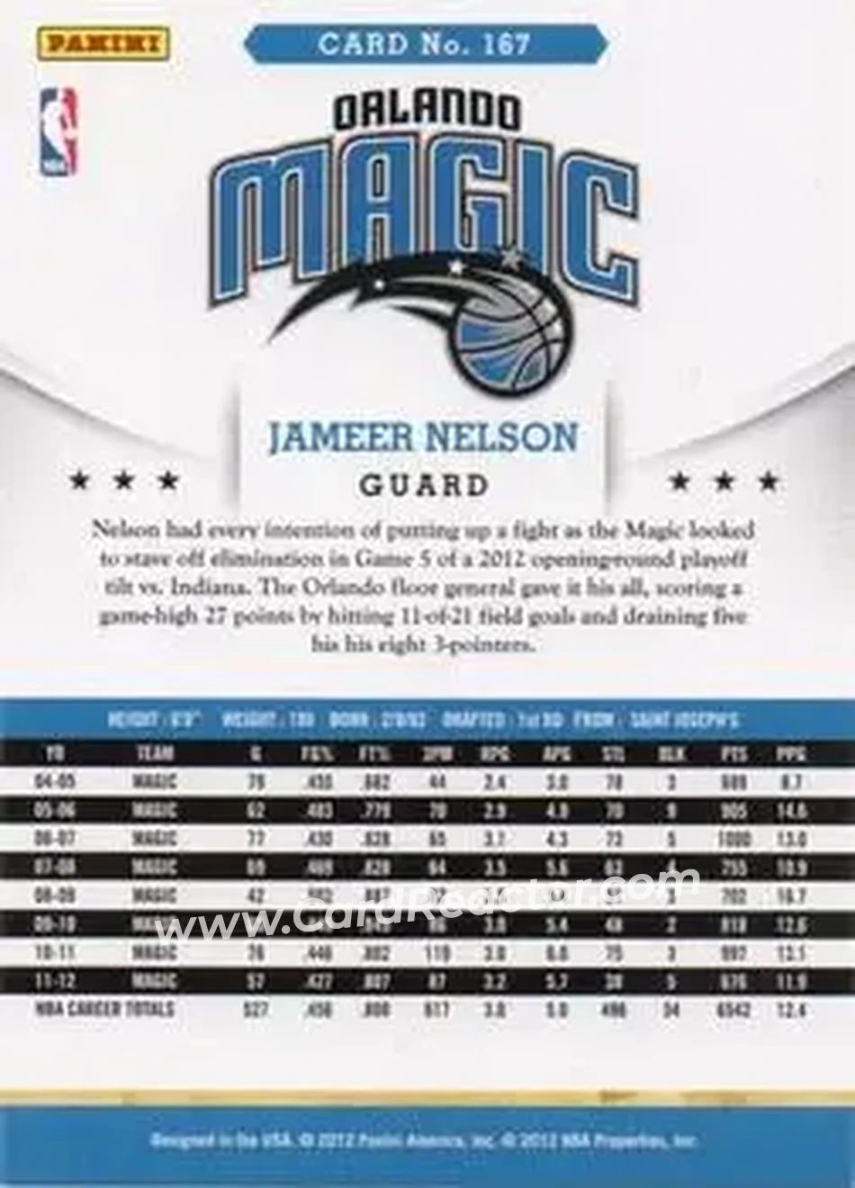 2012-13 Hoops International #167 - Jameer Nelson - Orlando Magic - Back