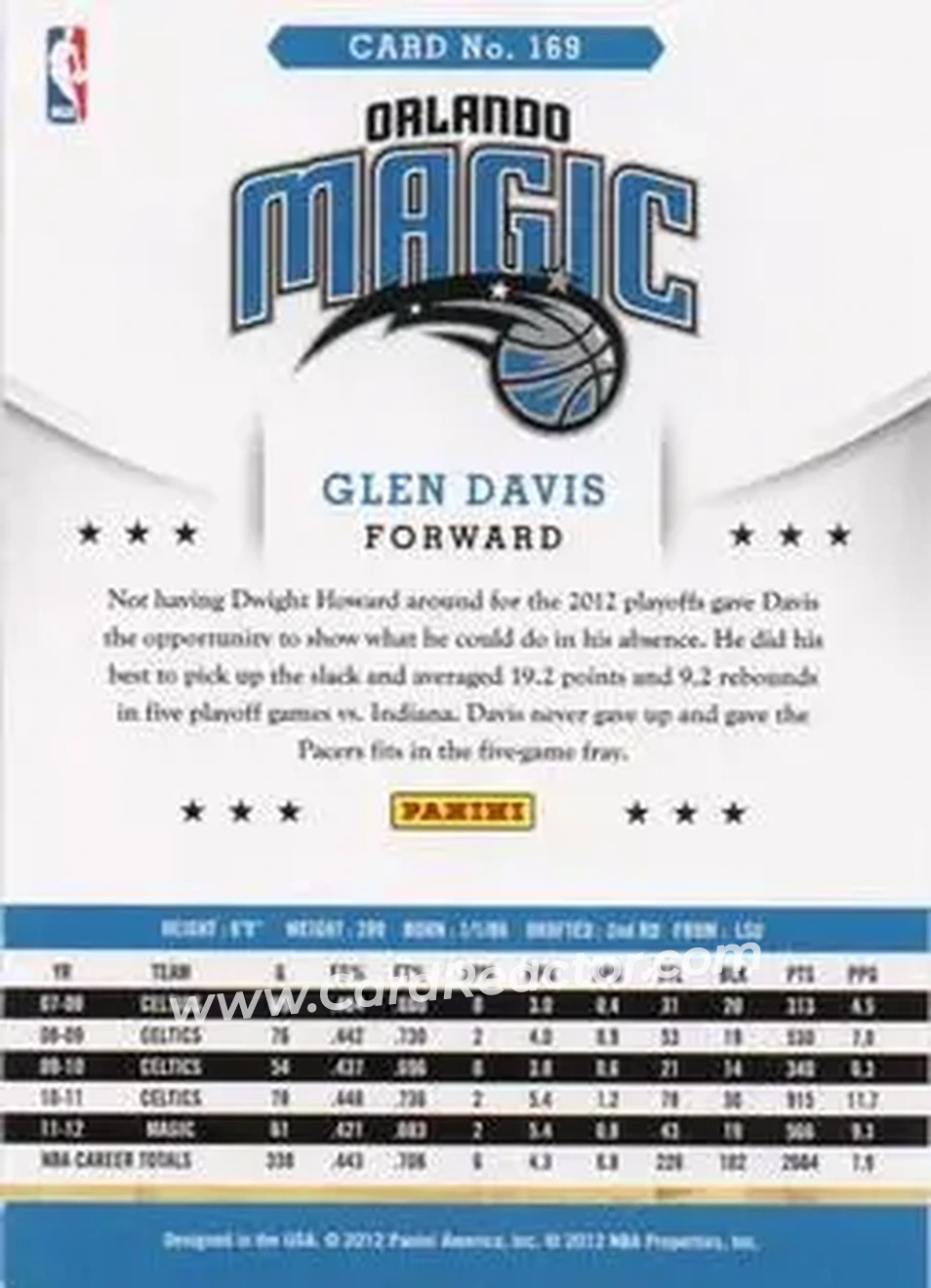 2012-13 Hoops International #169 - Glen Davis - Orlando Magic - Back 2012-13 Hoops International #169 - Glen Davis - Orlando Magic - Back