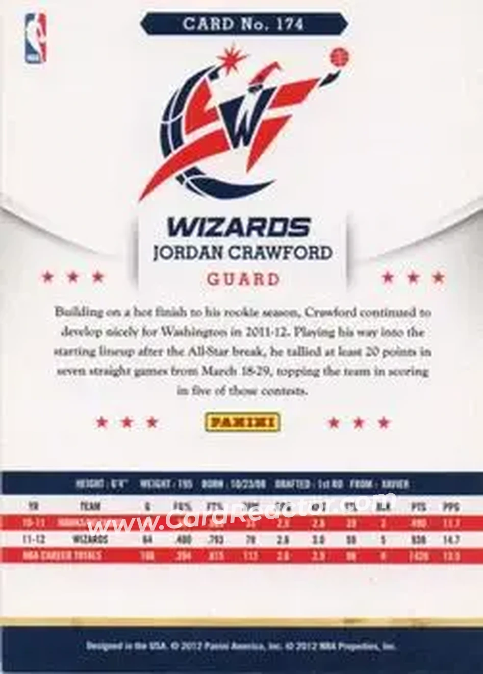 2012-13 Hoops International #174 - Jordan Crawford - Washington Wizards - Back