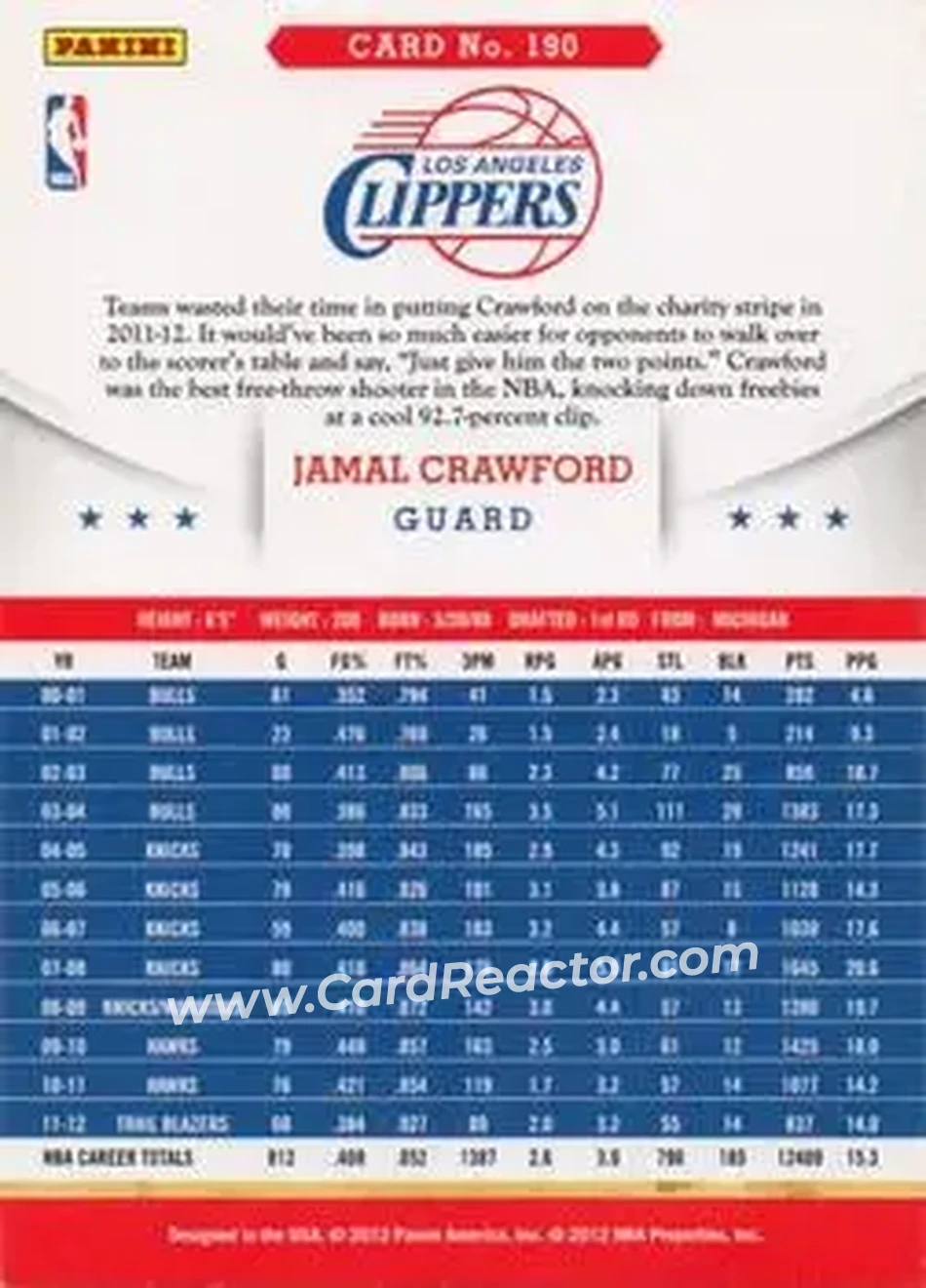 2012-13 Hoops International #190 - Jamal Crawford - Los Angeles Clippers - Back