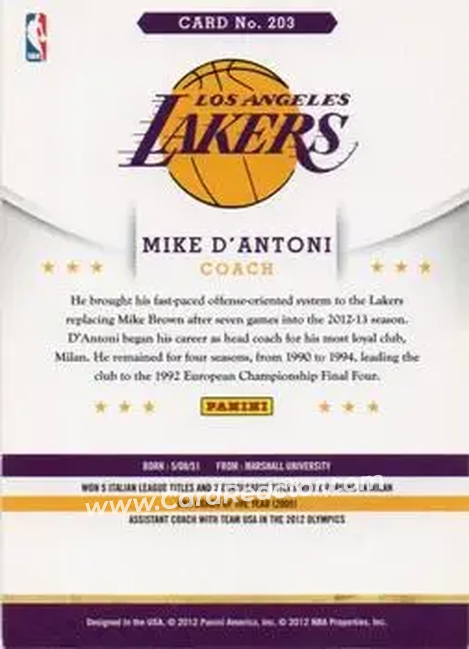 2012-13 Hoops International #203 - Mike D'Antoni - Los Angeles Lakers - Back 2012-13 Hoops International #203 - Mike D'Antoni - Los Angeles Lakers - Back