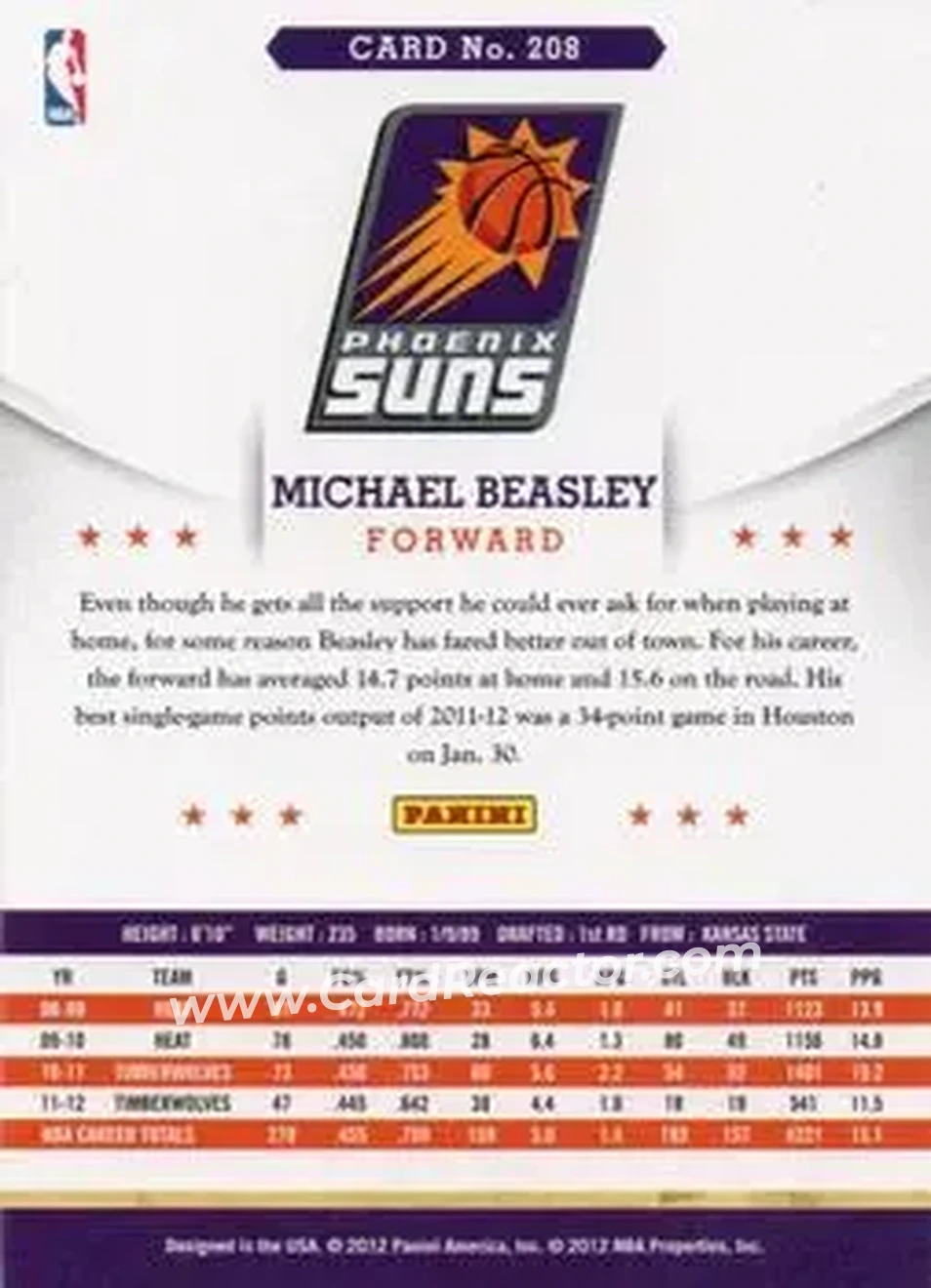 2012-13 Hoops International #208 - Michael Beasley - Phoenix Suns - Back