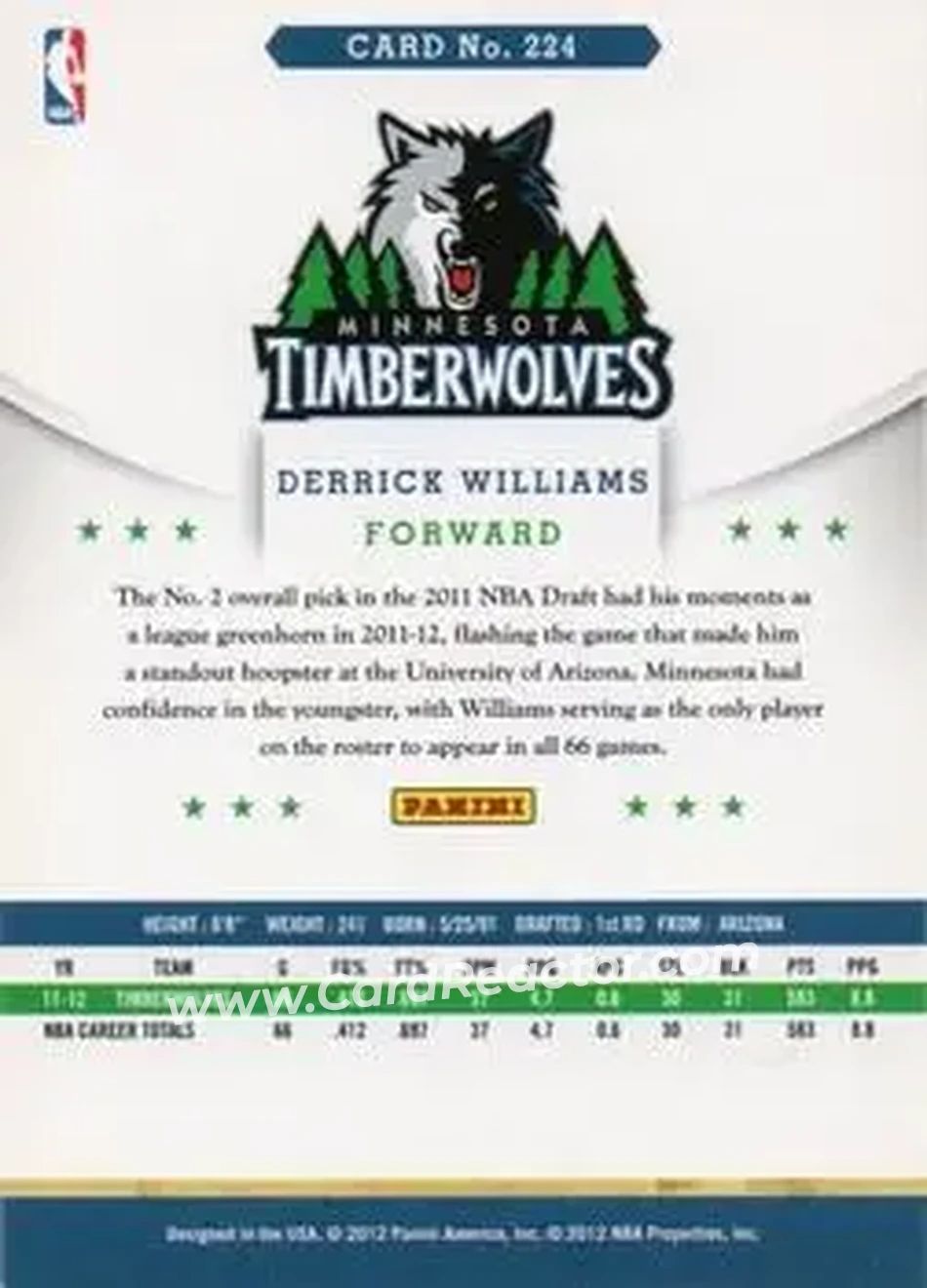 2012-13 Hoops International #224 - Derrick Williams - Minnesota Timberwolves - Back 2012-13 Hoops International #224 - Derrick Williams - Minnesota Timberwolves - Back