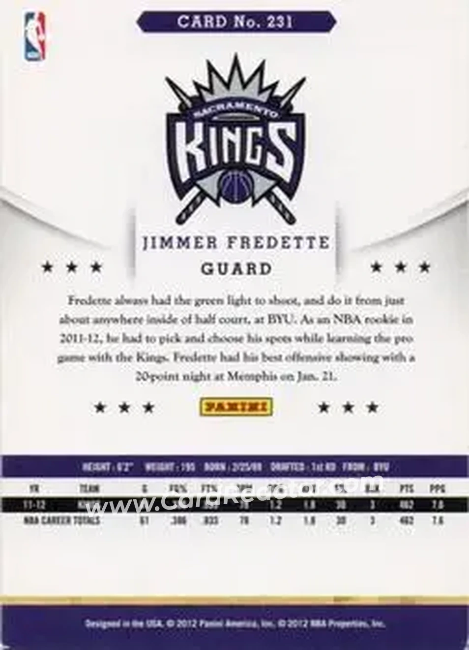 2012-13 Hoops International #231 - Jimmer Fredette - Sacramento Kings - Back
