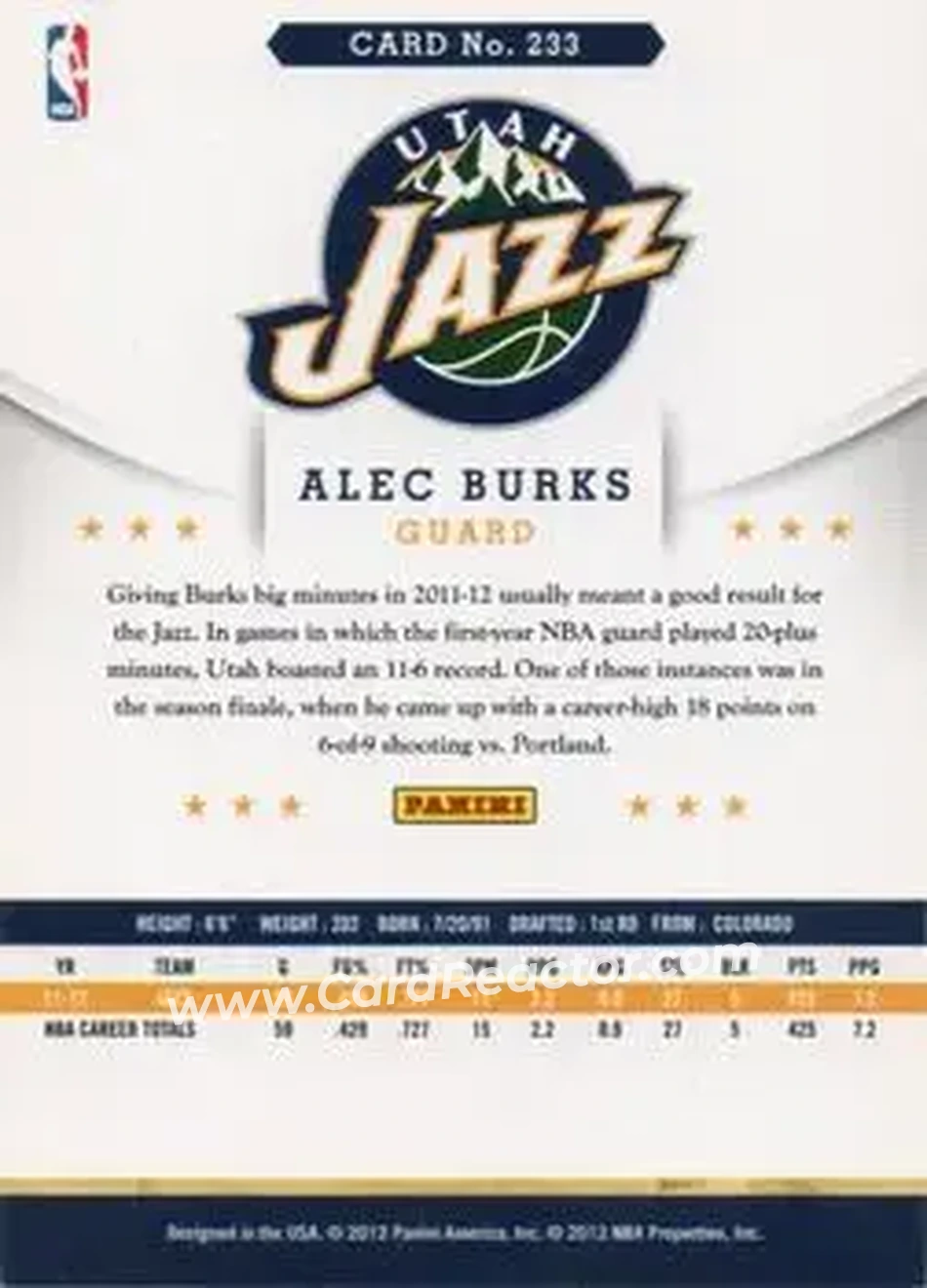 2012-13 Hoops International #233 - Alec Burks - Utah Jazz - Back 2012-13 Hoops International #233 - Alec Burks - Utah Jazz - Back