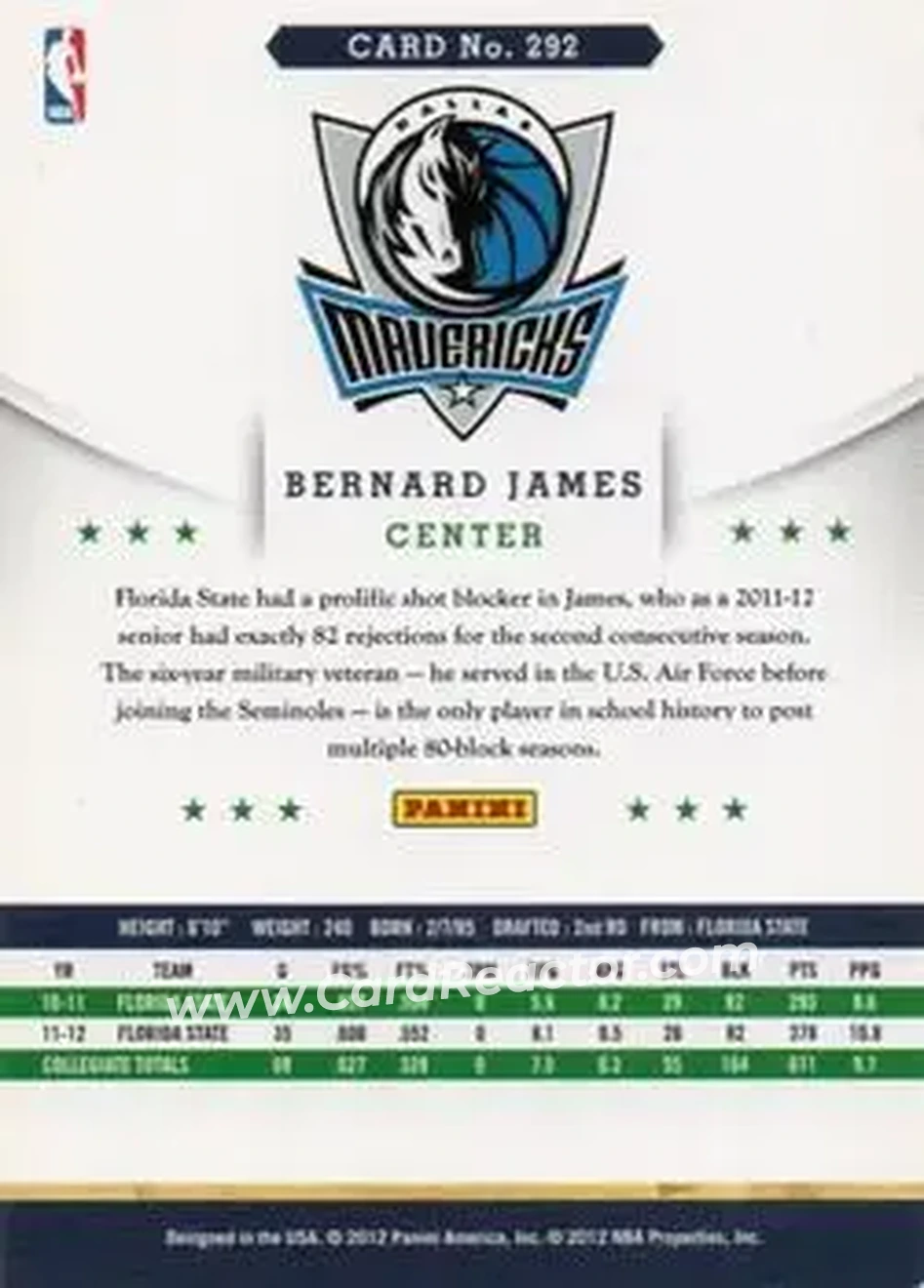 2012-13 Hoops International #292 - Bernard James - Dallas Mavericks - Back 2012-13 Hoops International #292 - Bernard James - Dallas Mavericks - Back