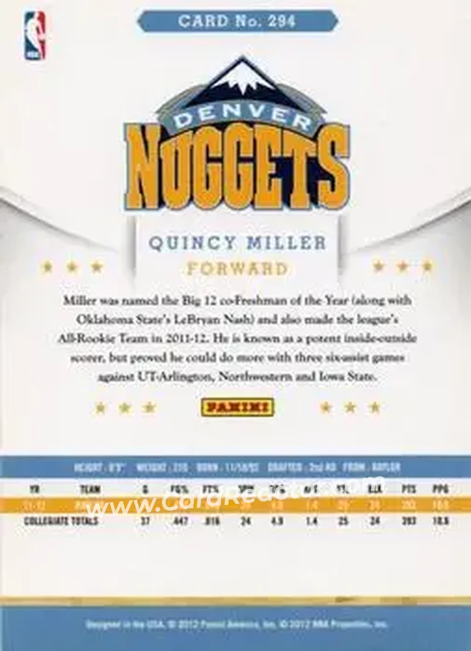 2012-13 Hoops International #294 - Quincy Miller - Denver Nuggets - Back 2012-13 Hoops International #294 - Quincy Miller - Denver Nuggets - Back
