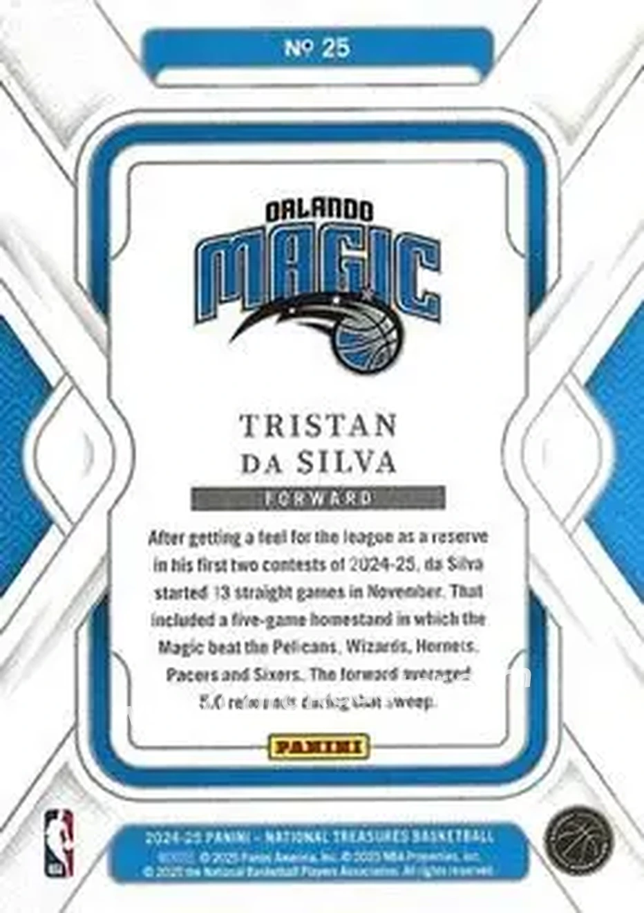 2024-25 Panini National Treasures #25 - Tristan Da Silva - Orlando Magic - Back 2024-25 Panini National Treasures #25 - Tristan Da Silva - Orlando Magic - Back
