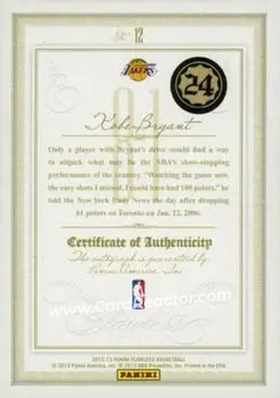 2012-13 Panini Flawless - BenchMarks #12 - Kobe Bryant - Los Angeles Lakers - Back