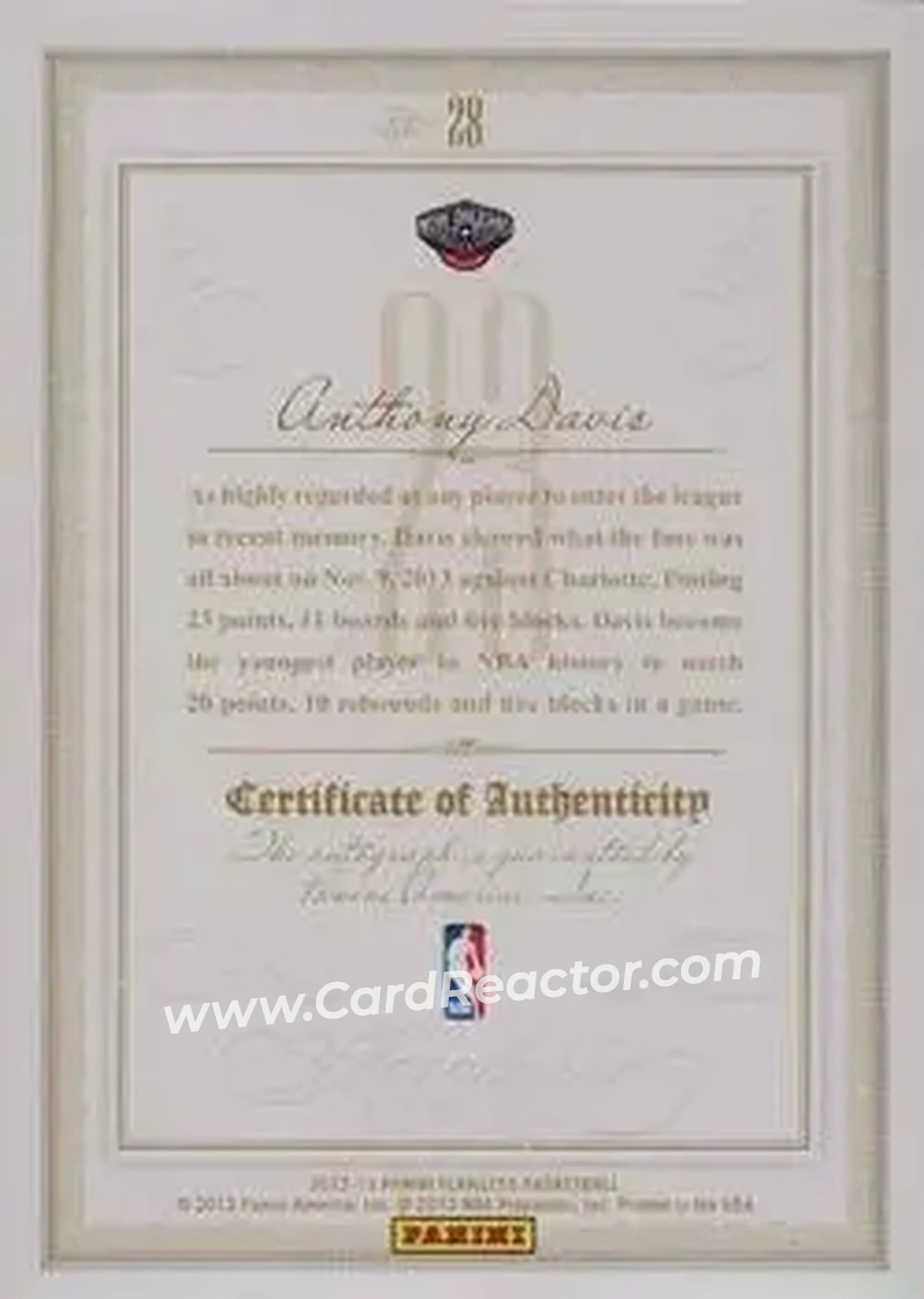 2012-13 Panini Flawless - BenchMarks #28 - Anthony Davis - New Orleans Pelicans - Back