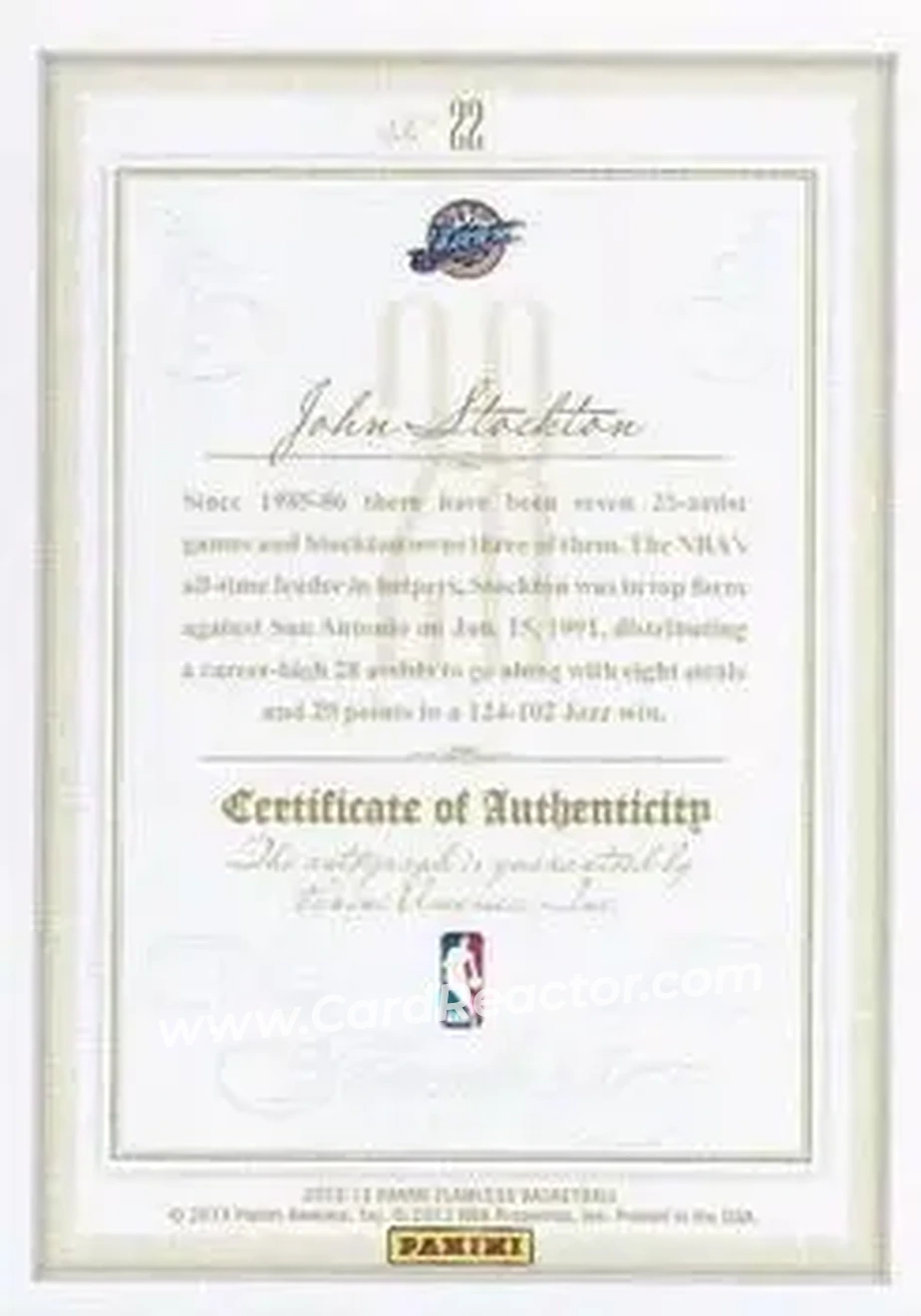 2012-13 Panini Flawless - BenchMarks Platinum #22 - John Stockton - Utah Jazz - Back 2012-13 Panini Flawless - BenchMarks Platinum #22 - John Stockton - Utah Jazz - Back
