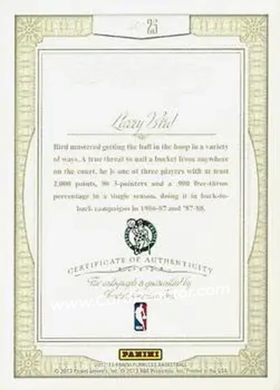 2012-13 Panini Flawless - Greats Autographs Emerald #25 - Larry Bird - Boston Celtics - Back