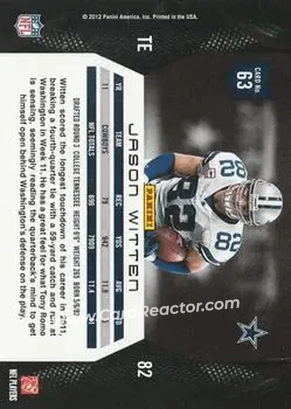 2012 Panini Momentum #63 - Jason Witten - Dallas Cowboys - Back
