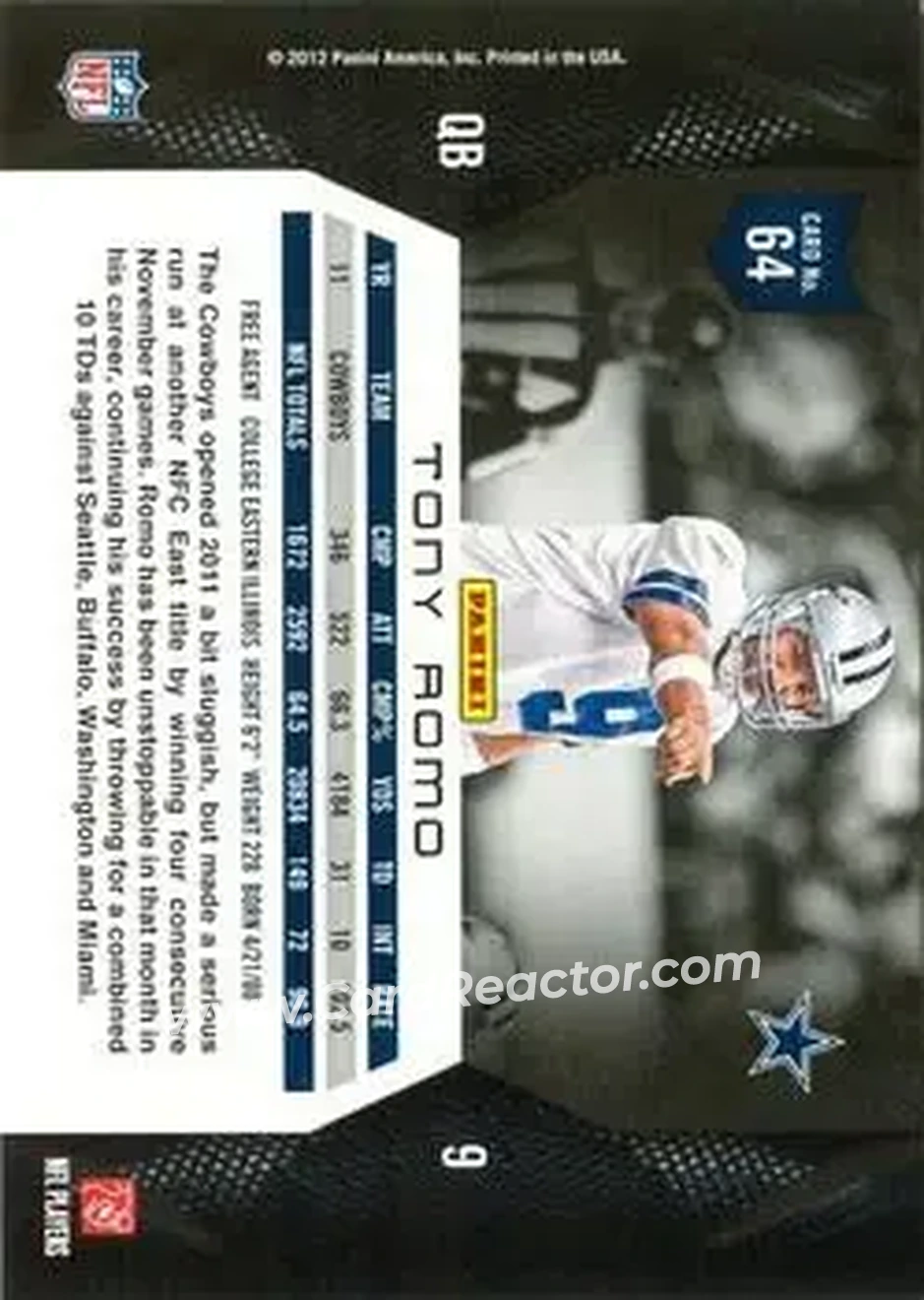 2012 Panini Momentum #64 - Tony Romo - Dallas Cowboys - Back