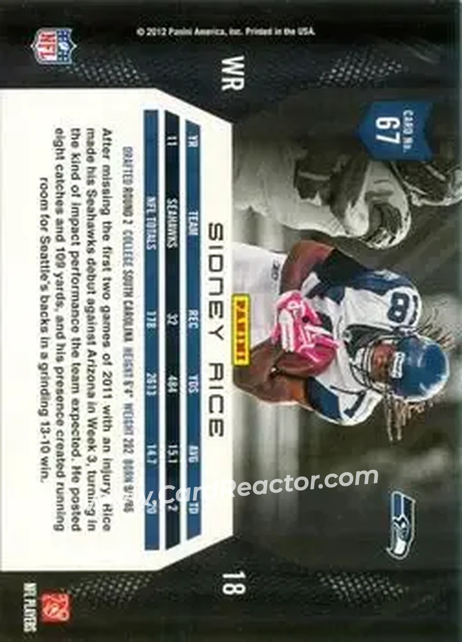 2012 Panini Momentum #67 - Sidney Rice - Seattle Seahawks - Back