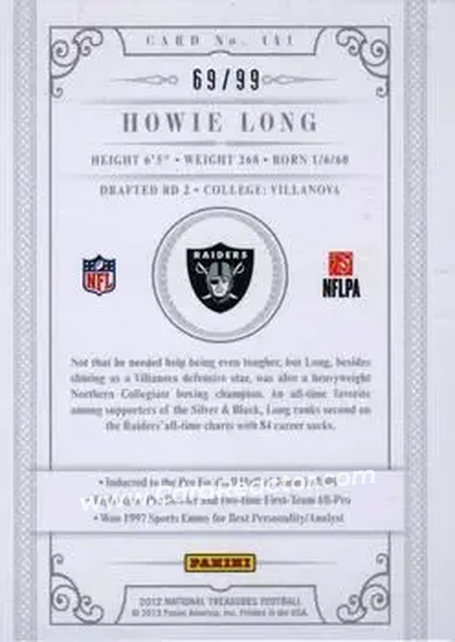 2012 Panini National Treasures #141 - Howie Long - Los Angeles Raiders - Back