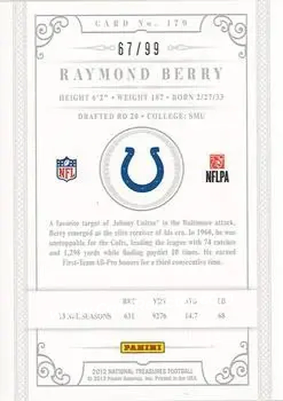 2012 Panini National Treasures #179 - Raymond Berry - Baltimore Colts - Back