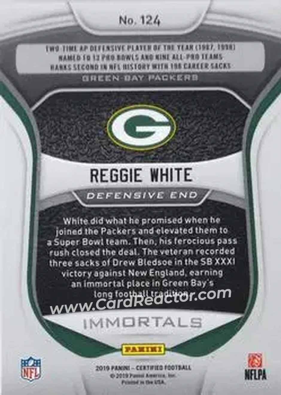 2012 Panini Prominence #136 - Reggie White - Green Bay Packers - Back