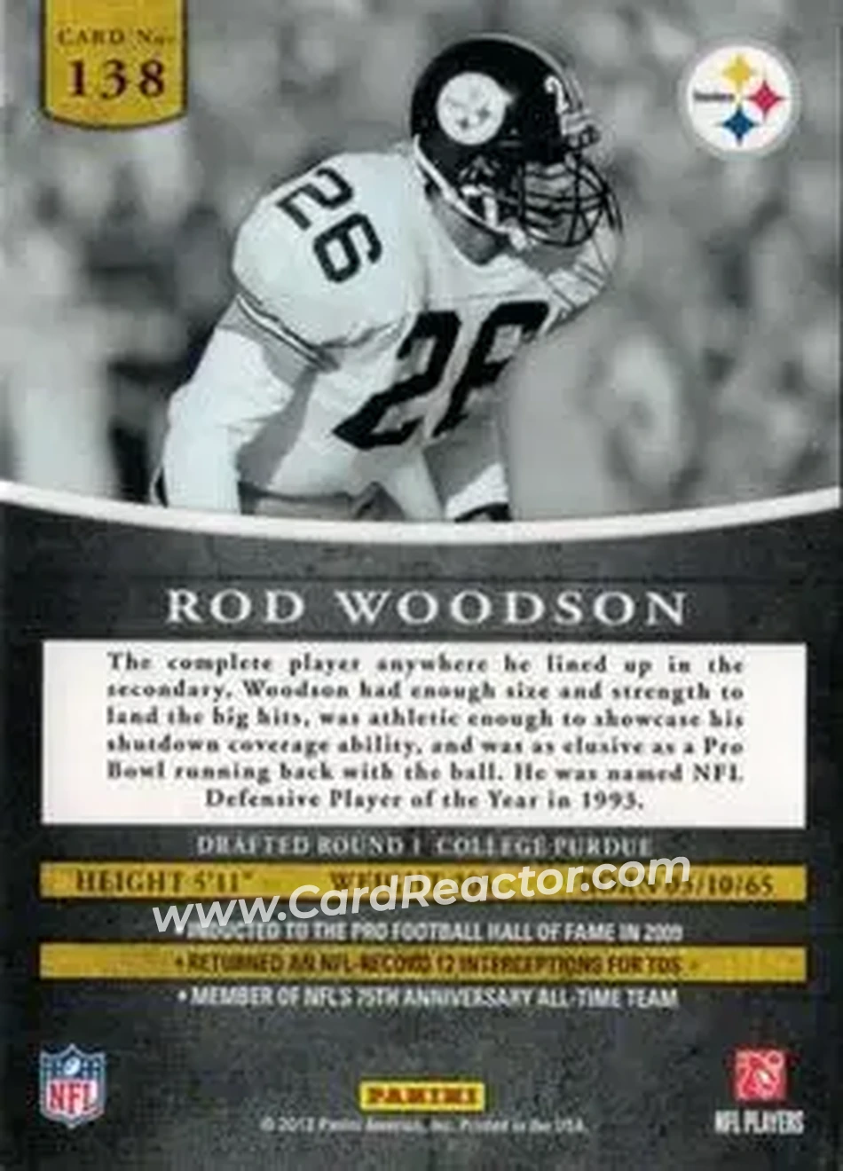 2012 Panini Prominence - Gold #138 - Rod Woodson - Pittsburgh Steelers - Back