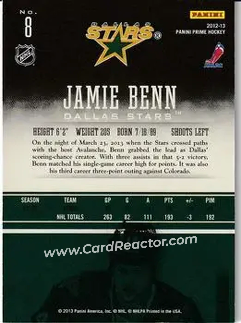 2012-13 Panini Prime #8 - Jamie Benn - Dallas Stars - Back