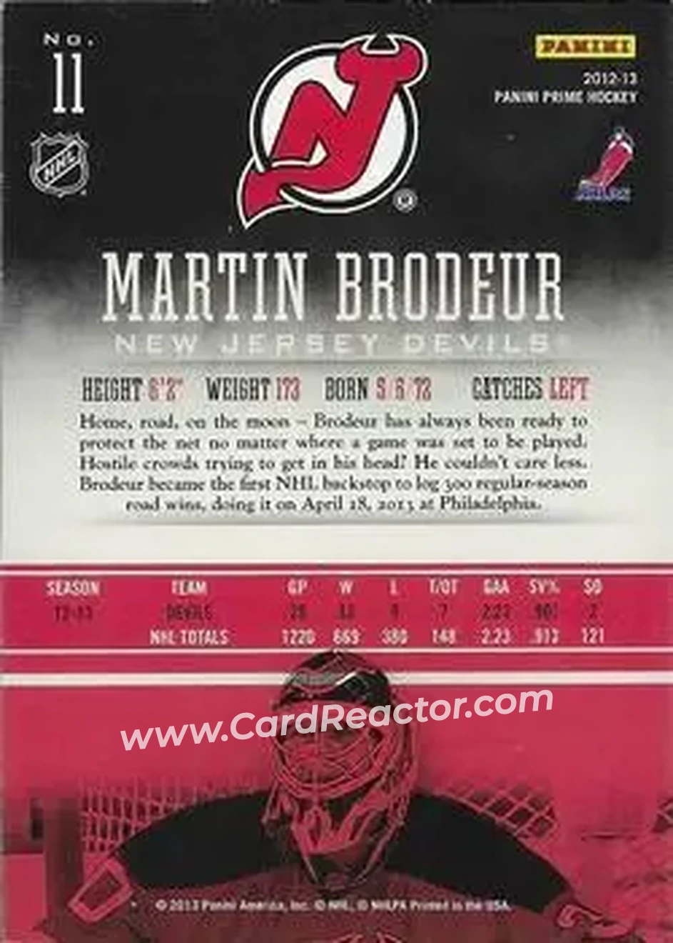 2012-13 Panini Prime #11 - Martin Brodeur - New Jersey Devils - Back
