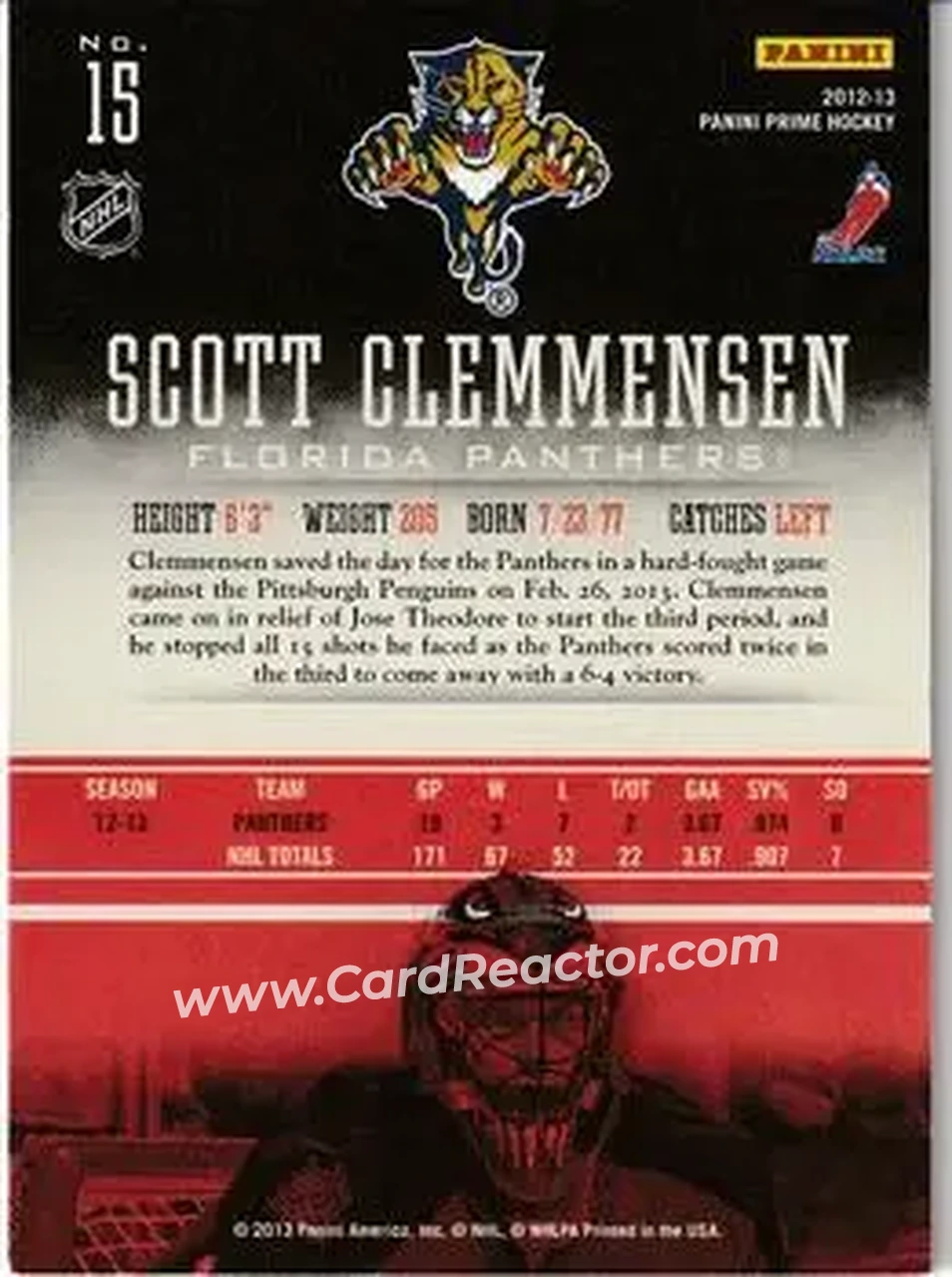 2012-13 Panini Prime #15 - Scott Clemmensen - Florida Panthers - Back