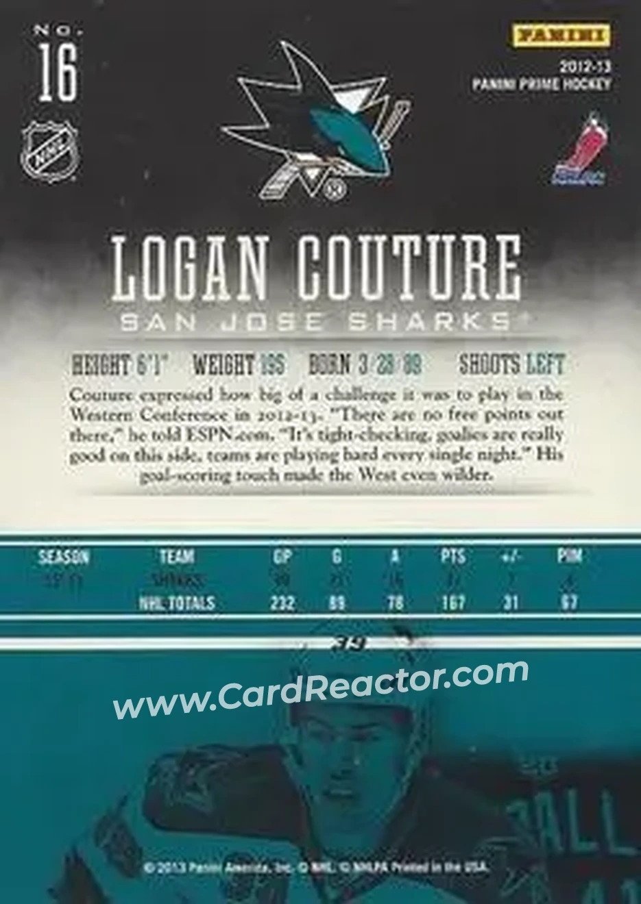 2012-13 Panini Prime #16 - Logan Couture - San Jose Sharks - Back
