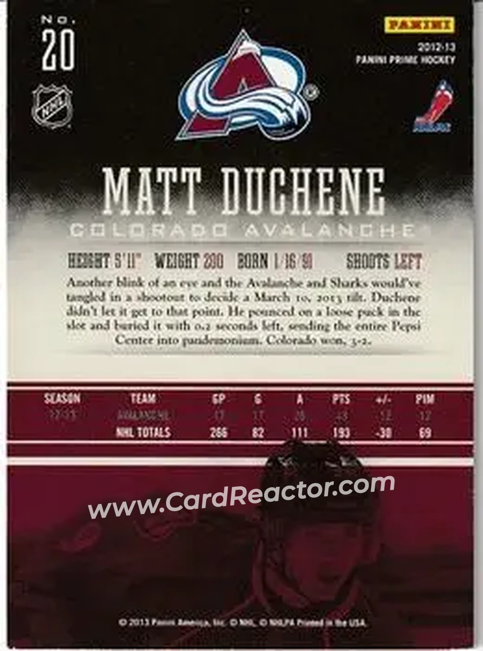 2012-13 Panini Prime #20 - Matt Duchene - Colorado Avalanche - Back
