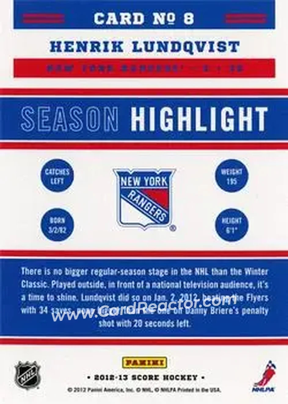 2012-13 Score #8 - Henrik Lundqvist - New York Rangers - Back