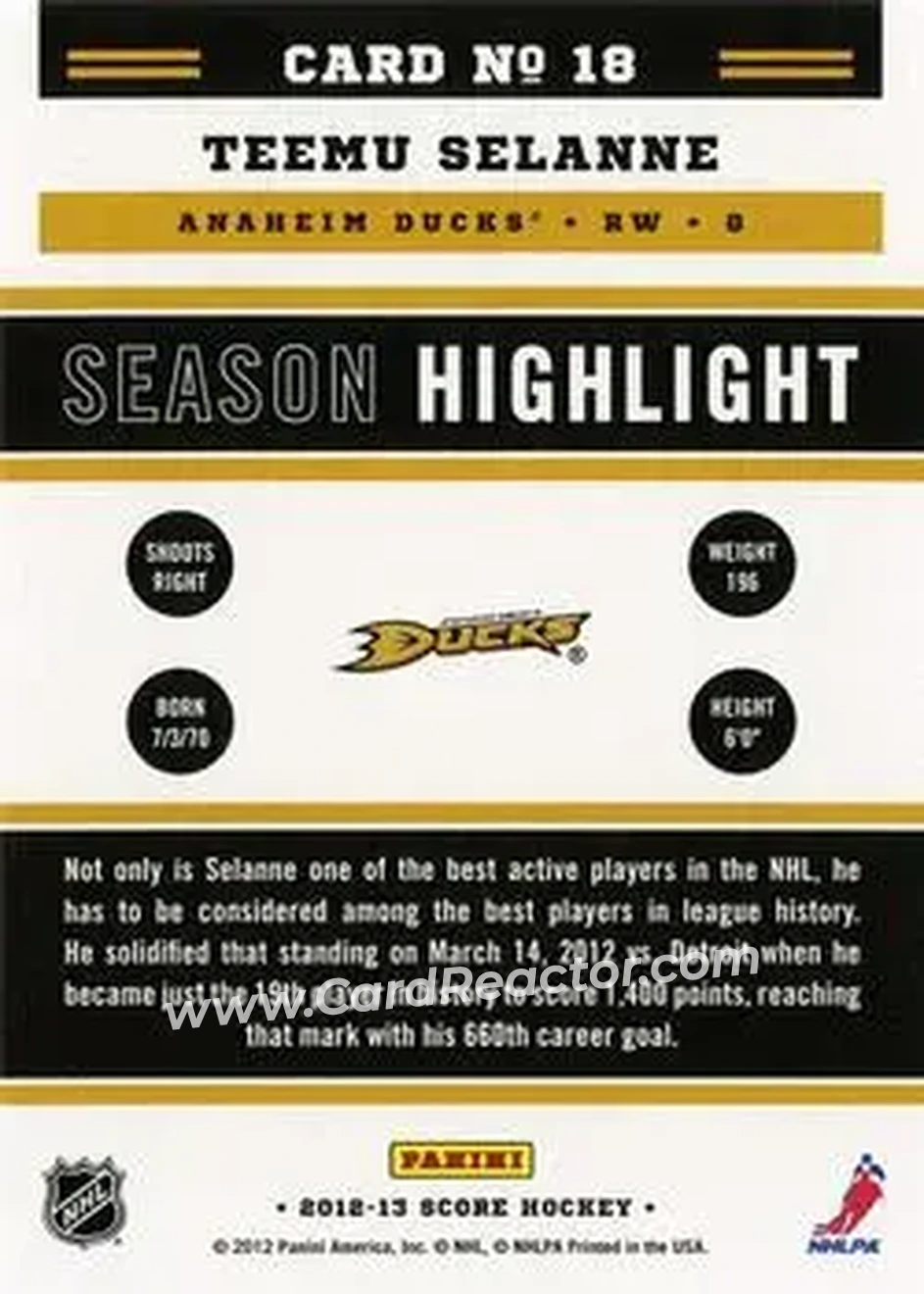 2012-13 Score #18 - Teemu Selanne - Anaheim Ducks - Back