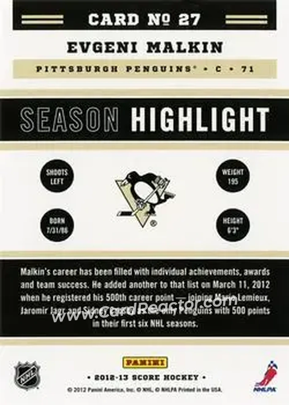 2012-13 Score #27 - Evgeni Malkin - Pittsburgh Penguins - Back