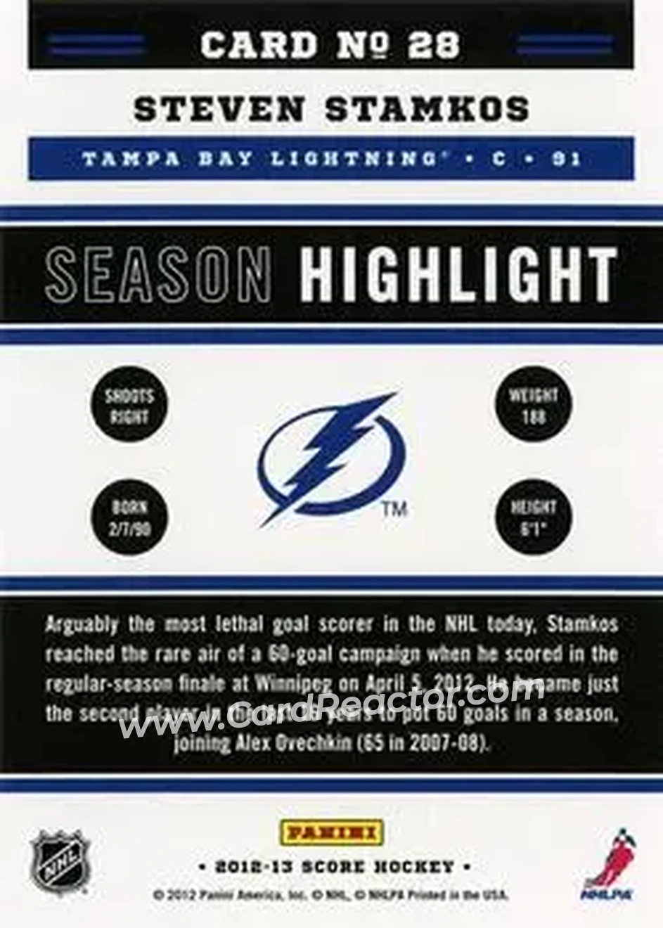 2012-13 Score #28 - Steven Stamkos - Tampa Bay Lightning - Back