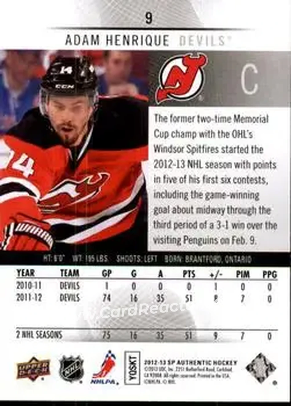 2012-13 SP Authentic #9 - Adam Henrique - New Jersey Devils - Back